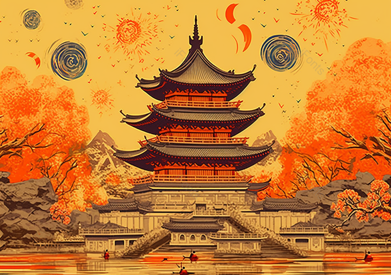 庆祝节日在林间阁楼外放烟花古建筑国潮节日背景插画,插画/手绘图,插画/手绘图库,插画/手绘图下载,插画/手绘
